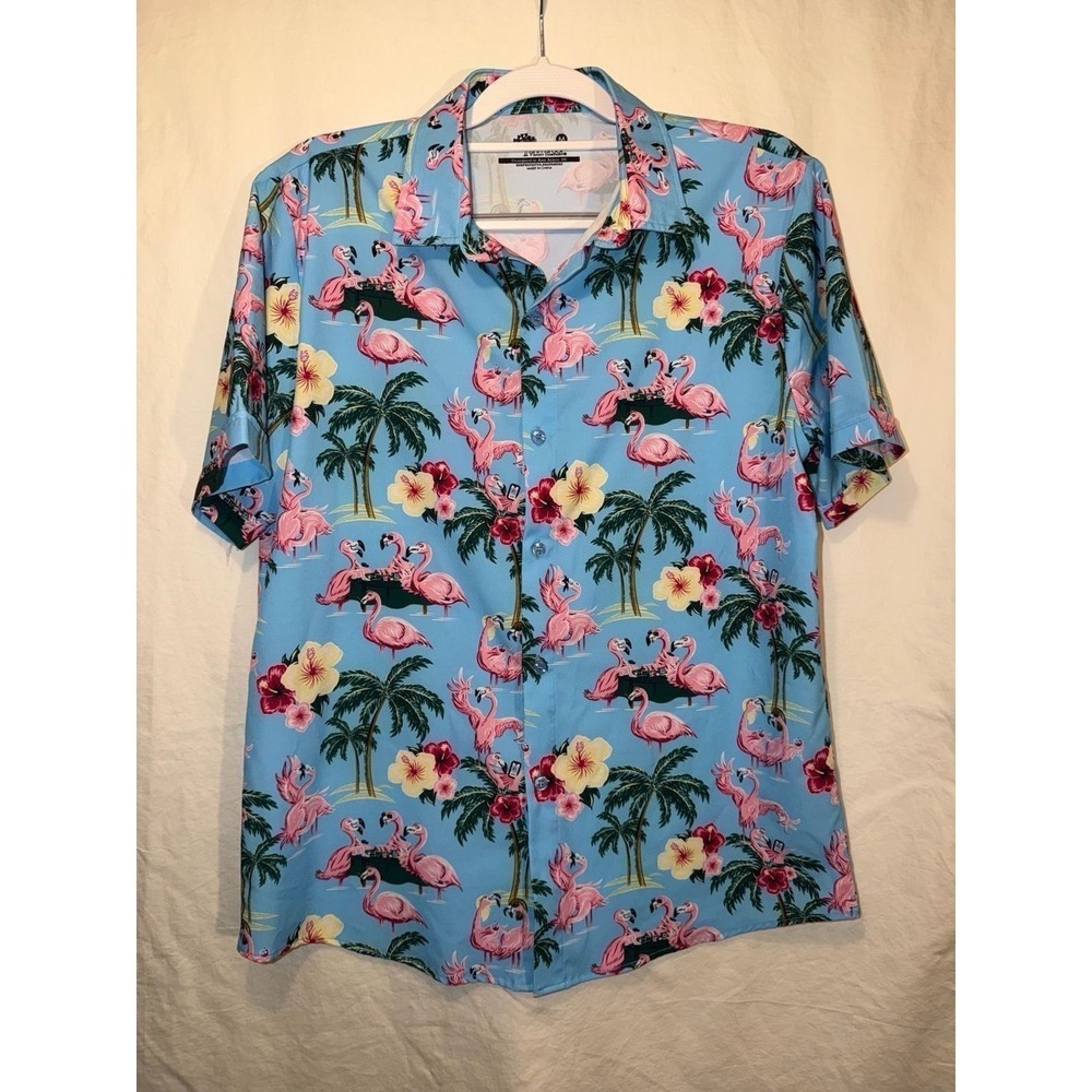 Ann Arbor T-Shirt Company Blue Flamingo Tropical Hawaiian Button Down Shirt M